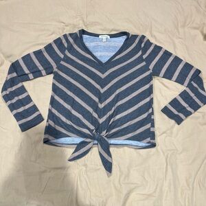 Monteau Striped V-Neck Top in Gray and tan